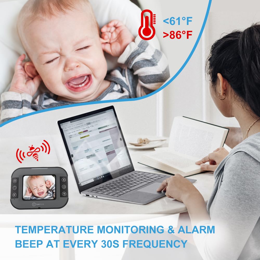 TimeFlys Monitor de vídeo para bebé con cámara y audio -C240v pantalla de 2,4 pulgadas, visión nocturna automática, conversación bidireccional, control de temperatura y advertencia, alcance de 1000