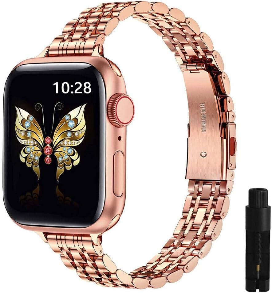 Generic Compatible with iWatch 42mm/44mm/45mm/49mm (Color: Rose Gold Women Slim Band Metal Strap case