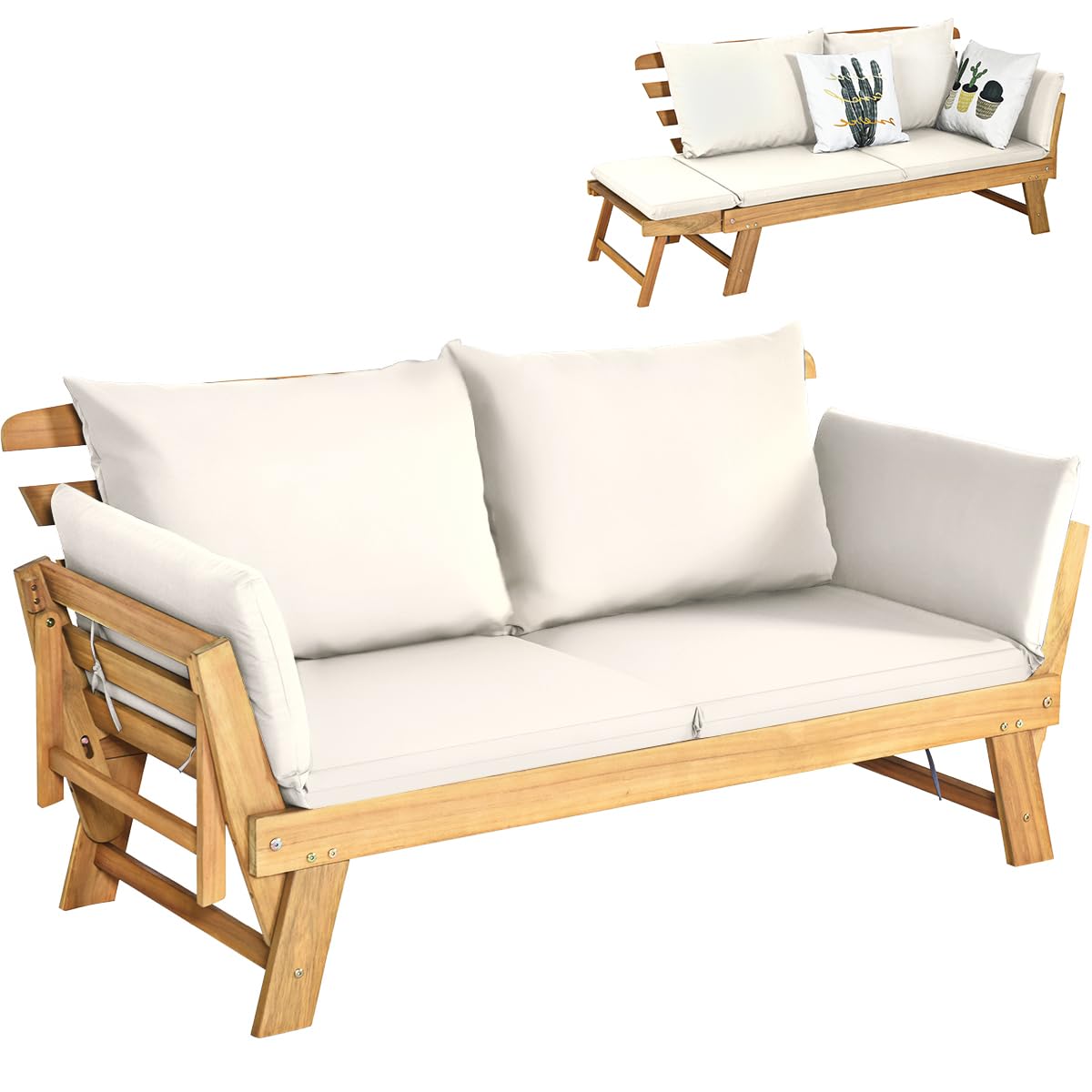 DORTALA Patio Convertible Couch Sofa Bed, Acacia Wood Daybed w/Adjustable Armrest, Collapsible Chaise Lounge w/Cushions & Pillows, Outdoor Loveseat