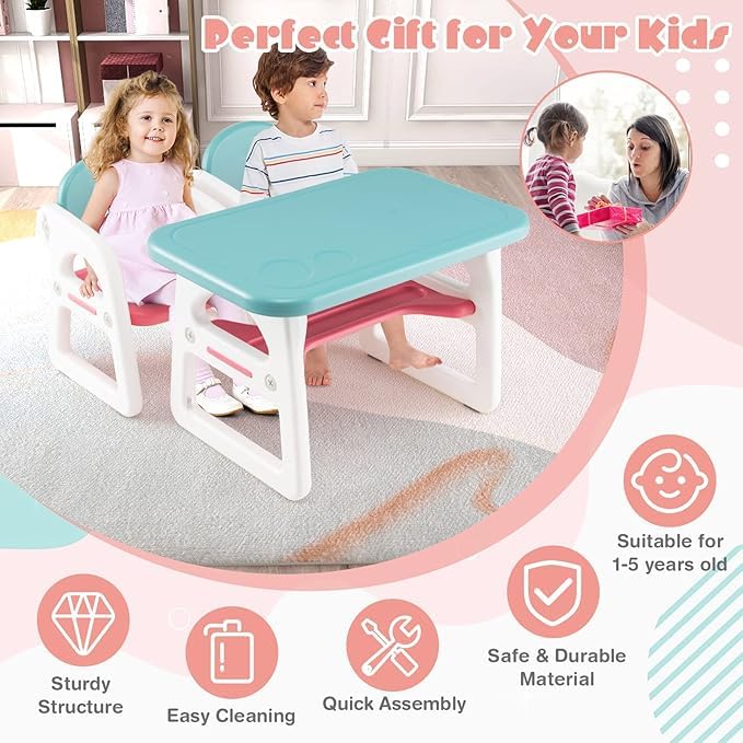 Nightcore Baby Table & Chair Three-Piece Set, Plastic Activity Table with Storage Shelf, Use for Children Reading, Painting, Writing, Entertainment