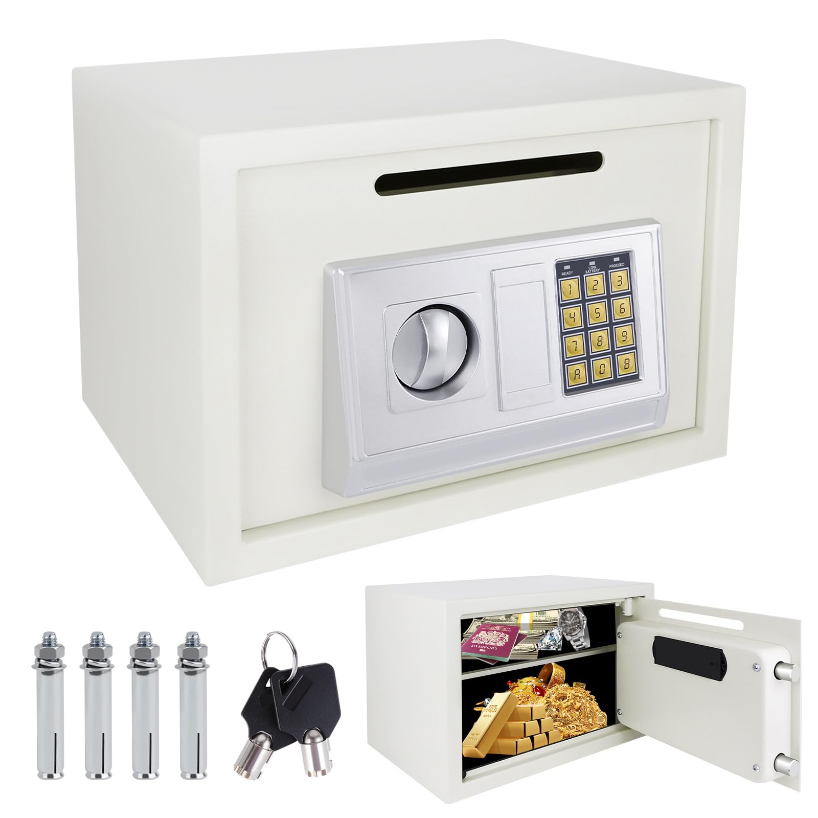 16L Electronic Digital Safe Box, Fireproof Security Box Home Office Money Cash Jewelry Steel Safety Box with 2 keys, Wall Mounted Mini Safe for Home Office Hotel, White, 35 x 25 x 25 cm