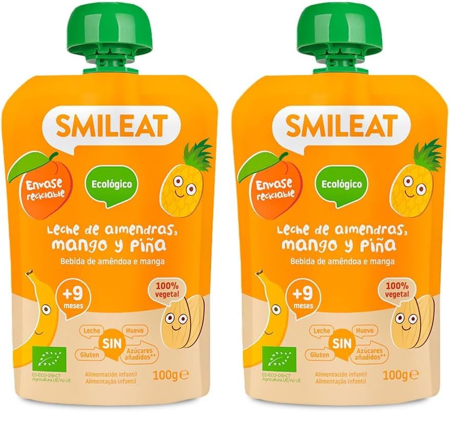 Smileat - Pouch de Frutas Ecológicas - Sin Sal ni Azúcar Añadido, Sin Gluten - Snack Práctico para Peques - Sabor a Leche de Almendras, Mango y Piña (Paquete de 2)