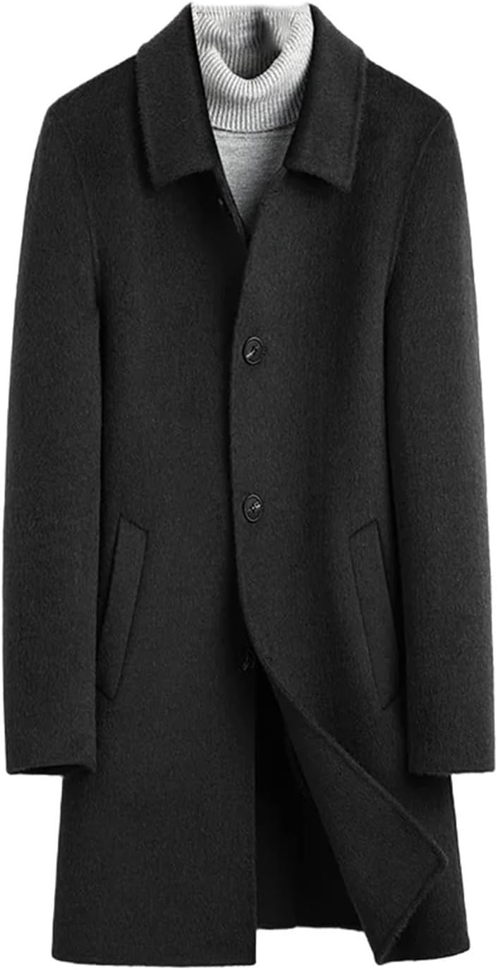 Mens Winter Thick Cashmere Coats Wool Business Casual Single Breasted Medium Wool Trench Jackets