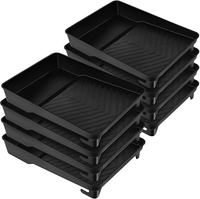 Geelin 8 Pcs Paint Tray 9 Inch Reusable Plastic Roller Pan for 9 Inch Roller Brushes Paint Pan with Sturdy Legs Textured for Wall, Black