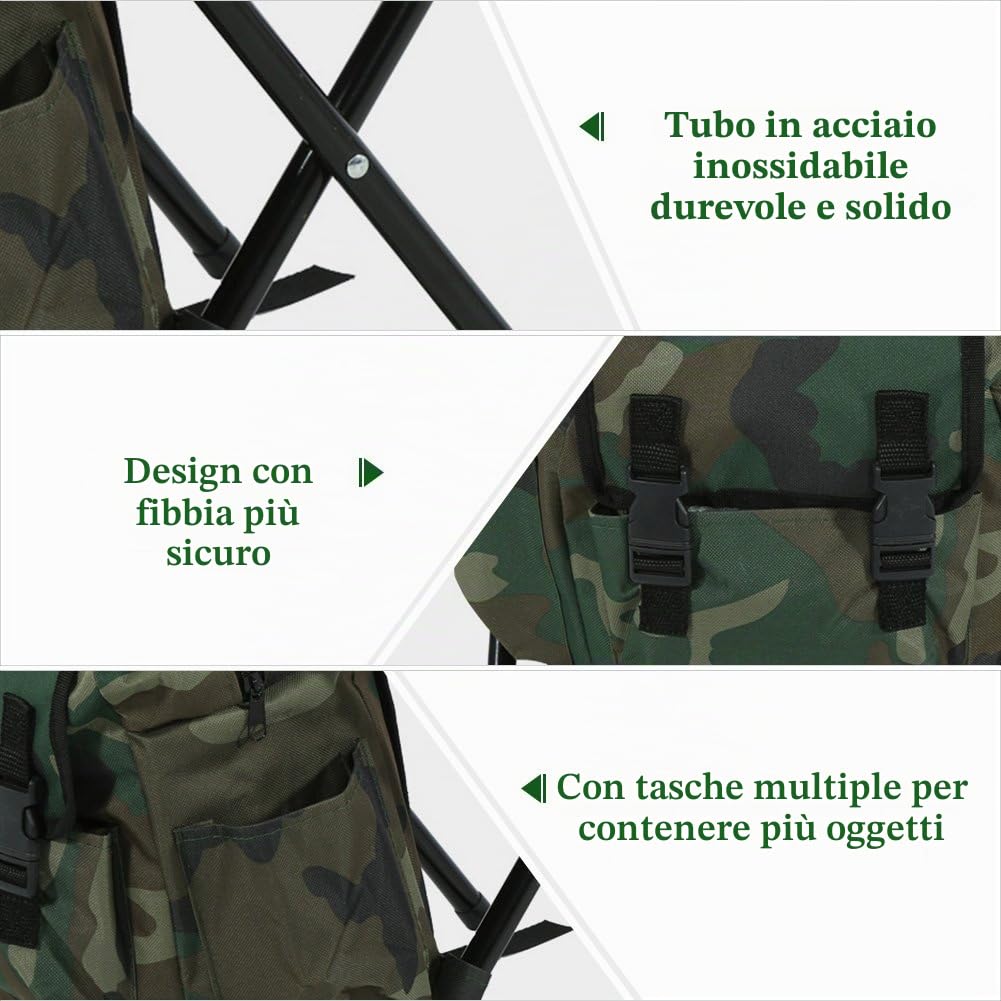 Zaino con Sedia, Portatile all'aperto, Sedia da Pesca, Sgabello Pieghevole con Borsa per Pesca, Campeggio, Viaggi, Spiaggia, Barbecue