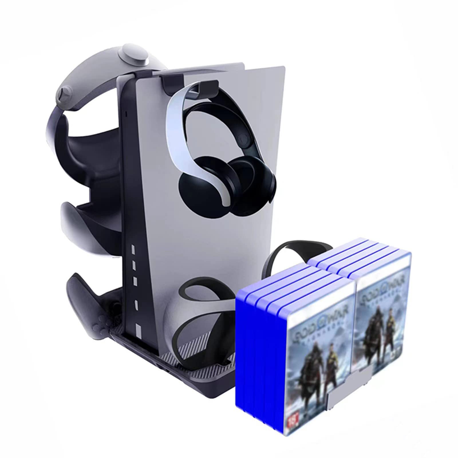 Estación de Carga para Controlador PSVR2/PS5, Soporte con Ventilador de refrigeración para Consola PS5 UHD/DE, Base de Cargador de 4 Controladores y Almacenamiento de 10 Juegos