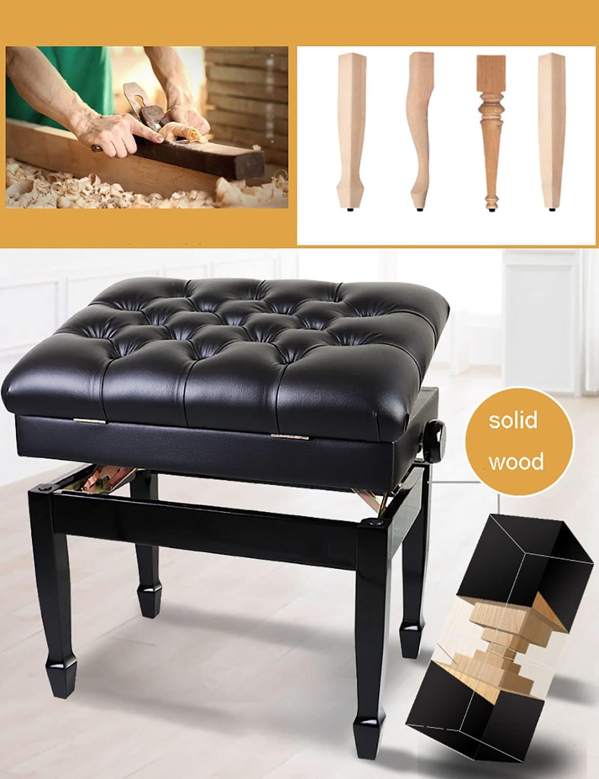 Tabouret de piano en cuir synthétique réglable en hauteur avec pieds en fer à cheval 60 x 40 x 50-60 cm