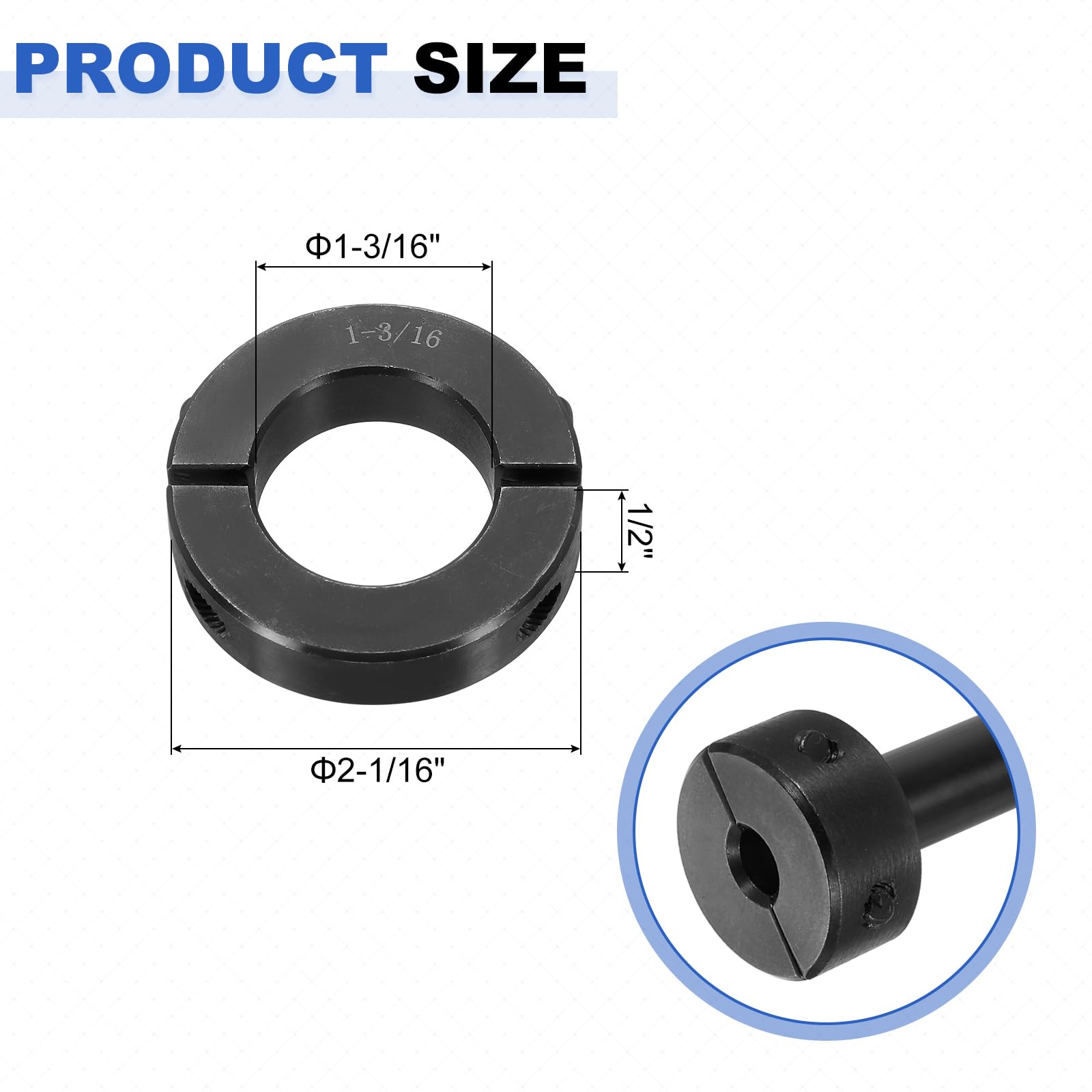 QUARKZMAN 2pcs Collar Eje Doble Dividido Para Eje 1-3/16", Collar Sujeción Dospcs, 2-1/16" DE, 1/2" Ancho, Collar Bloqueo Acero Óxido Negro, Estilo Tornillo Fijación