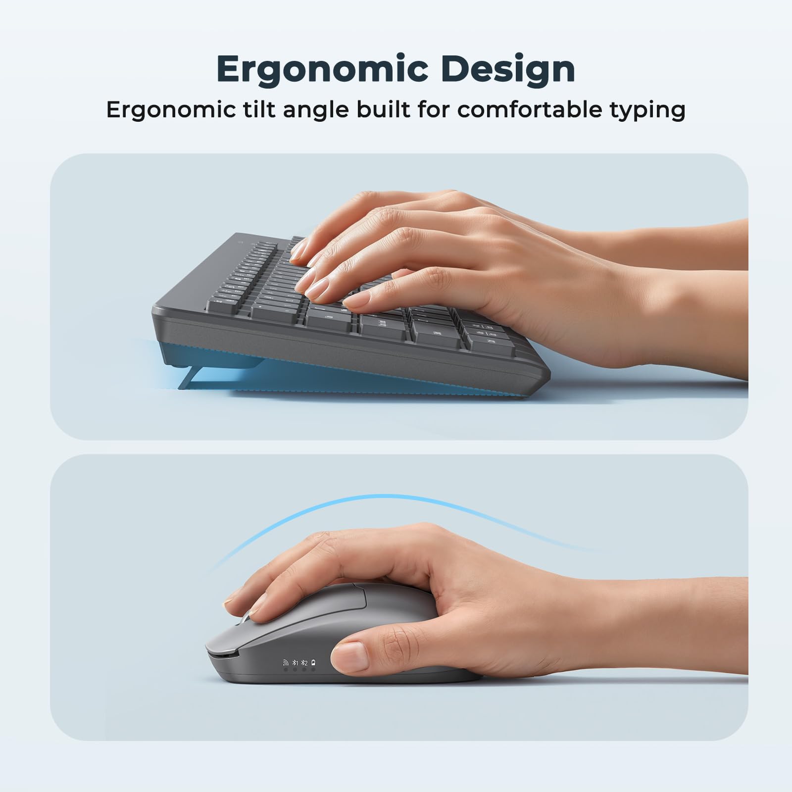 Klawiatura i mysz Bluetooth, 3 połączenia wielu urządzeń, cicha, pełny rozmiar, ergonomiczna klawiatura z 4-stopniową regulacją DPI, kompatybilna z PC/laptopem/Mac/Mac/iPadem/tabletem, szara