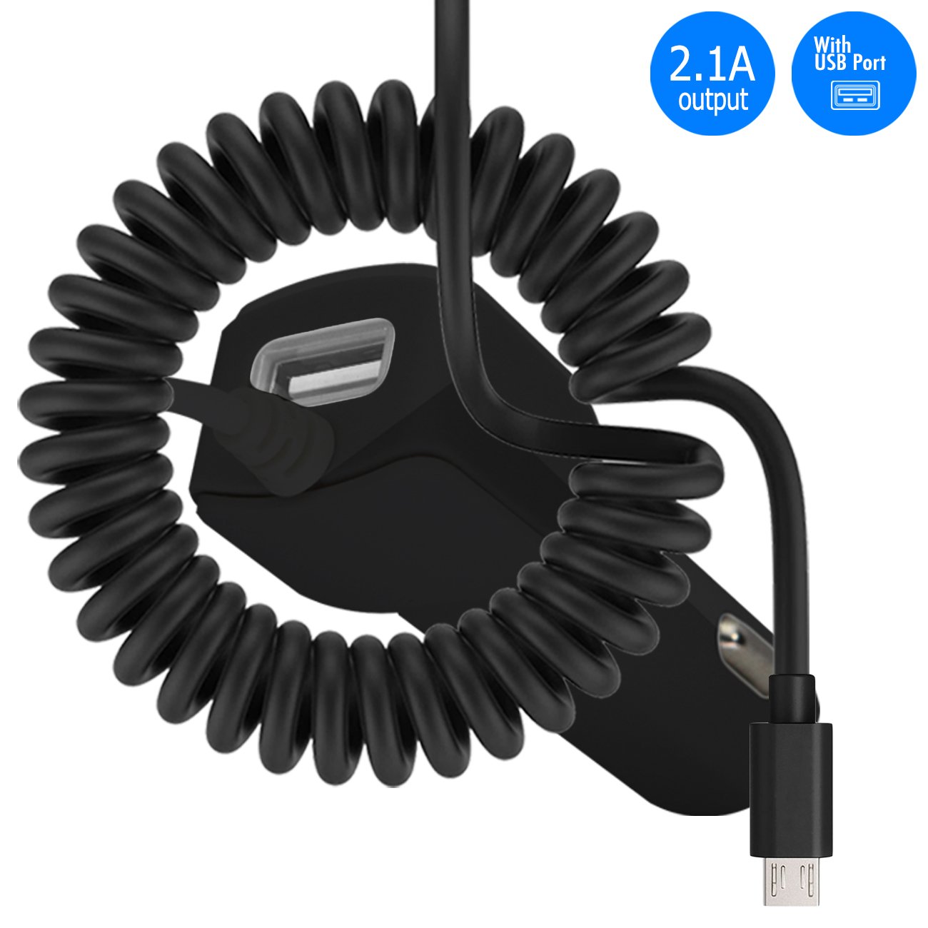 IWIO Micro USB 2000 mAh / 2A Tangle Proof Car Charger with Additional USB Port compatible with Muilt Charging compatible with Micromax Canvas Infinity Pro - BLACK