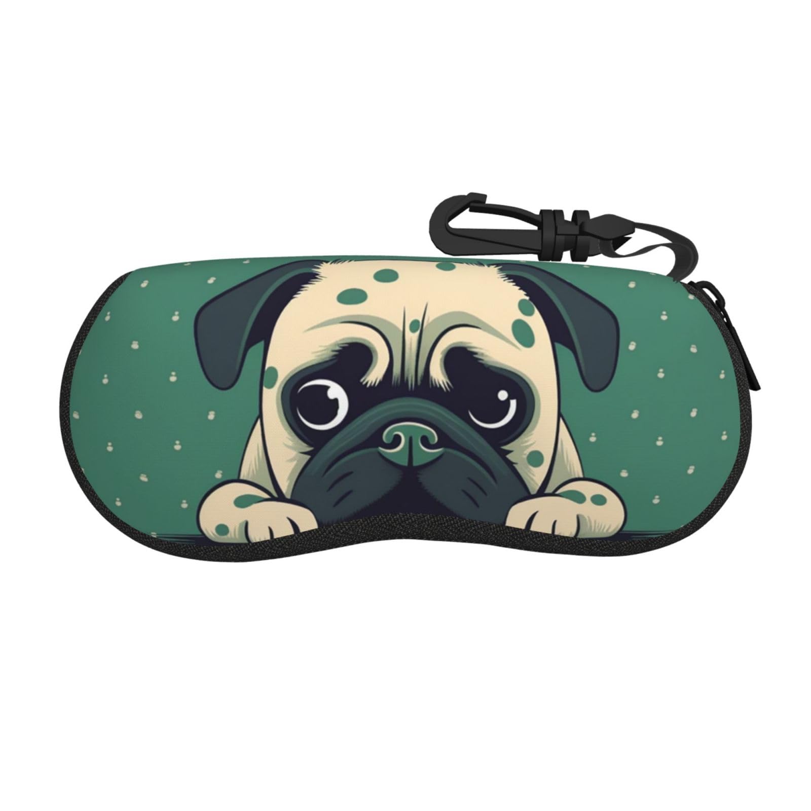 Anabprma Pug Green Polka Dot Glasses Case Soft Shell, Lightweight Portable Sunglasses Case, Zipper Closure