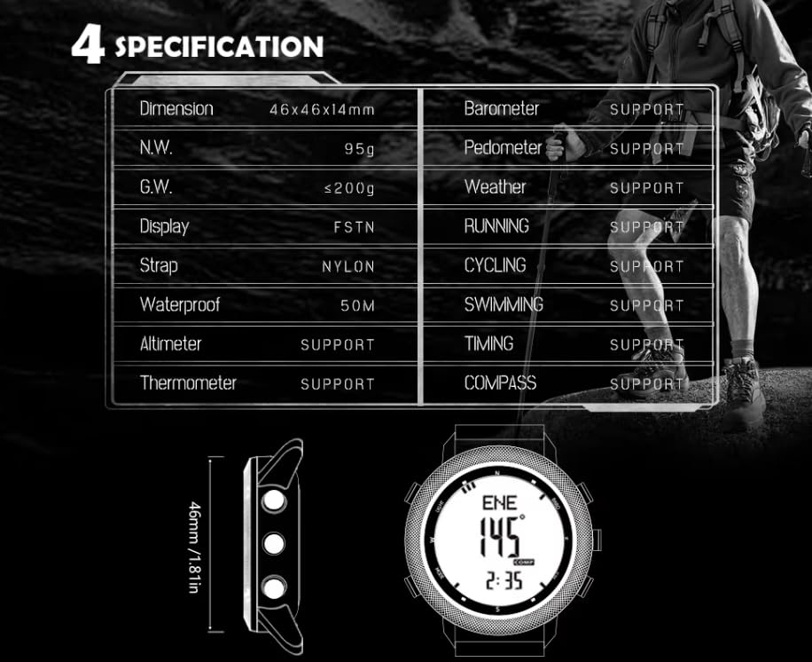 North Edge APACHE-46 - Orologio digitale da uomo, 46 mm, per sport all'aria aperta, corsa, nuoto, sport all'aria aperta, altimetro, barometro, bussola
