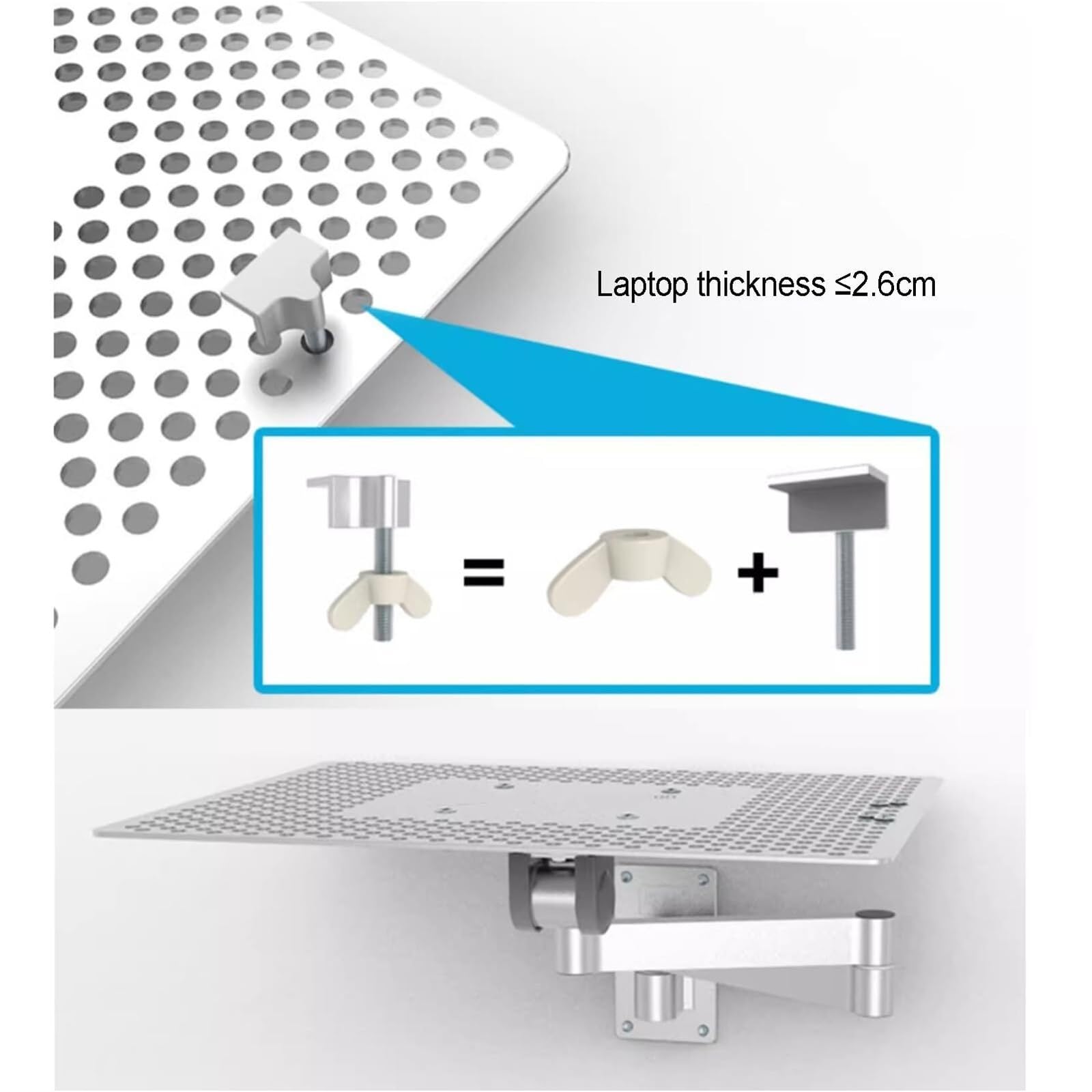Soporte de pared para laptop, soporte ajustable con bandeja para mouse, rotación multiángulo, plataforma de refrigeración ventilada, capacidad de peso de 8 kg para oficina y estación de trabajo