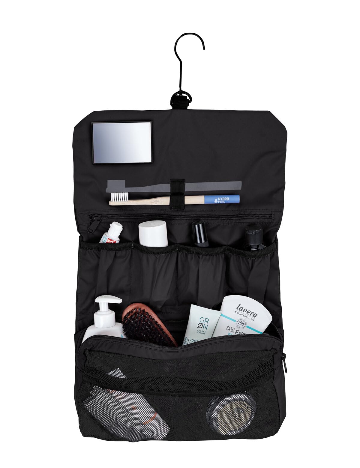 VAUDE Beauty case WegaWrap, beauty case con specchio integrato, portaspazzolino e gancio per appenderla, borsa da toilette impermeabile con suddivisione interna ben studiata