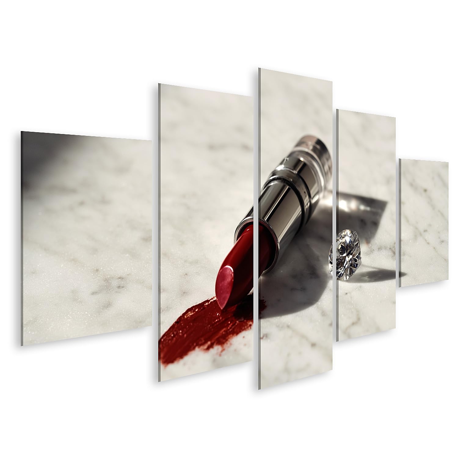 islandburner Bild auf Leinwand Eleganter roter Lippenstift auf Marmor mit Diamant - 5-teilig