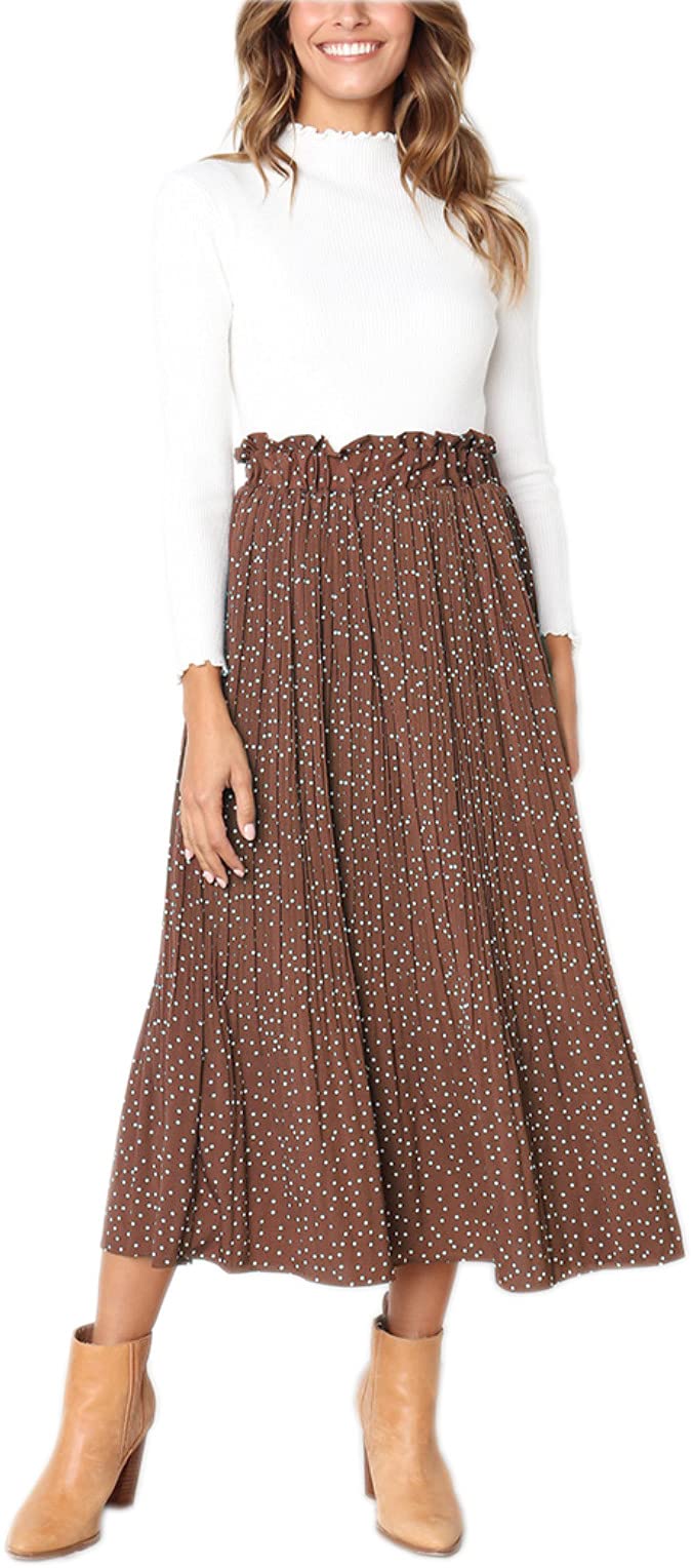 Hoerev Women Printed Dot with Pockets Pleated Long Skirt Beach Party Maxi Skirt - XL - Kaffekanna