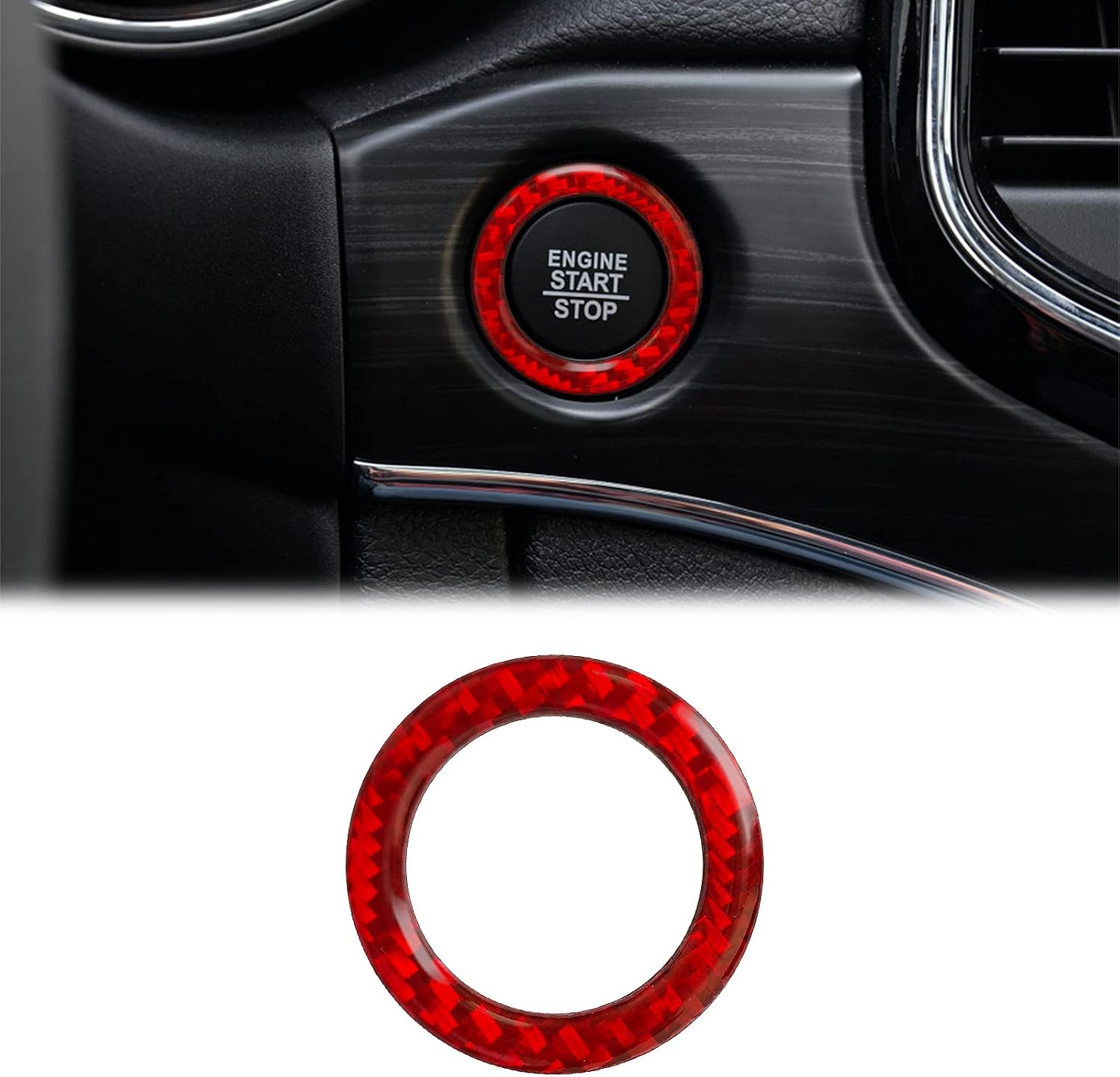 SUNJIKA Compatible with Carbon Fiber Engine Start Stop Button Sticker Lgnition One-Click Start Button Frame Ring for Jeep Grand Cherokee 2014 2015 2016 2017 2018 2019 2020 1PCS Red
