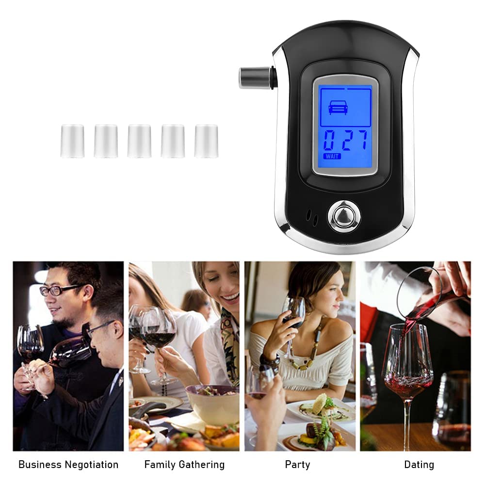 Digital Accurate Police Breath Alcohol Tester Analyzer Detector breathalyzer Test, Advanced Sensor, LCD Screen and Voice Alert, Black (5PC Mouthpiece)