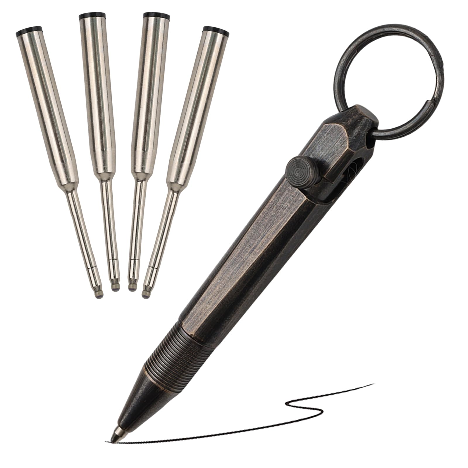 Mini Keychain Pen with 4 PCS Refills, Brass Bolt Action EDC Pen & Compact 76mm EDC Pocket Tactical Pen Retractable Small Ballpoint Pen/Keychain Pen for Notes Pocket Writing Tool