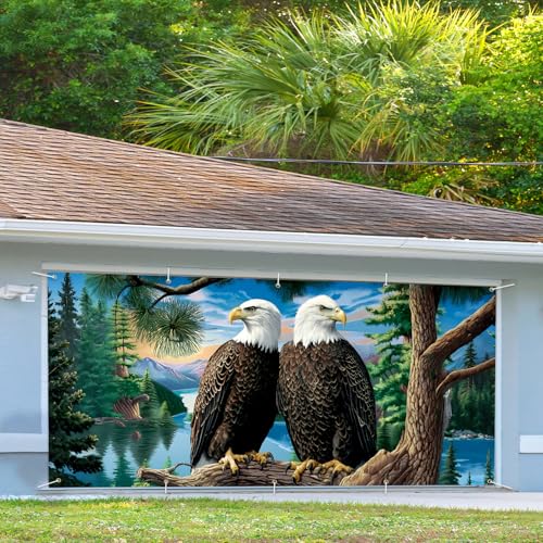 Image of 16x7ft Majestic Eagles Perched Garage Door Banner- Bald Eagles on Tree Branch Backdrop, Large Hanging 2 cars Garage Decorations - for Veterans Day Patriotic Outdoor Background Sign, Rustic Wall House Decor