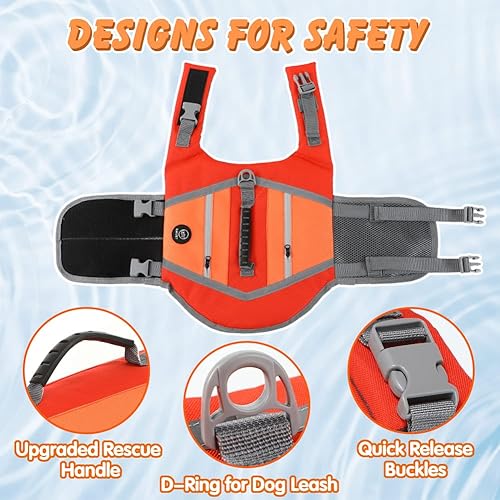 Miniatura 10 de EMUST Chalecos salvavidas para perros, chaleco flotante ligero para perros con asa de rescate duradera, hebillas de liberación rápida, chaleco