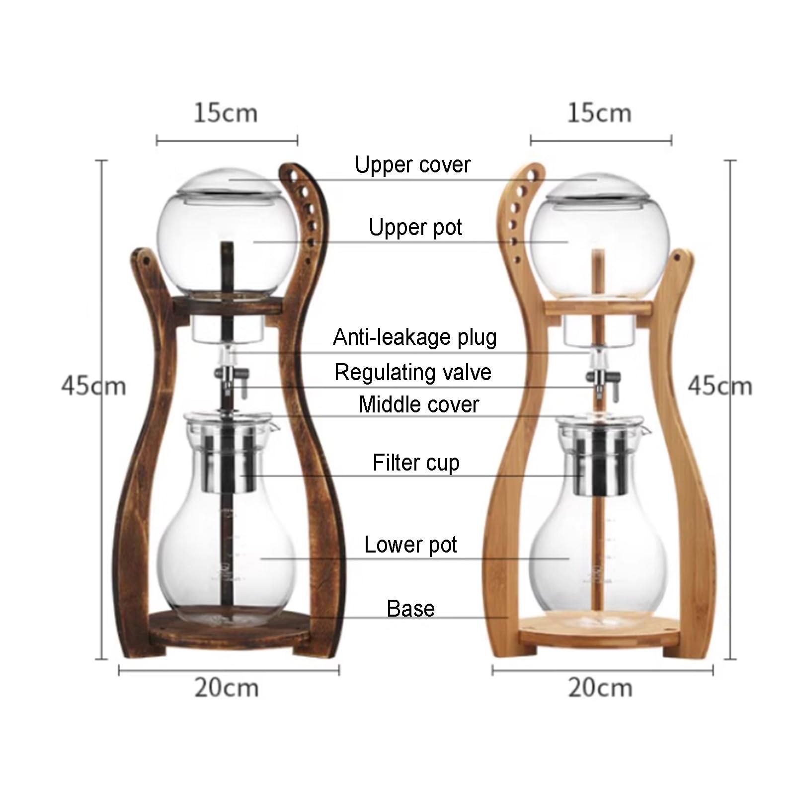 Cold Brew Coffee Maker, Iced Drip Coffee Machine with Adjustable Dripper, Wood Frame, Stainless Steel Filter, 6-8 Cups