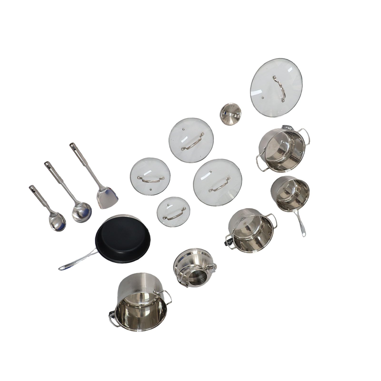 SIXRUN Juego de Utensilios de Cocina de Acero Inoxidable, Juego de Ollas y Sartenes de 15 Piezas con Tapas de Vidrio, 3 Cacerolas, Sartén, Olla para Leche, Utensilios de Cocina de Fondo Plano para