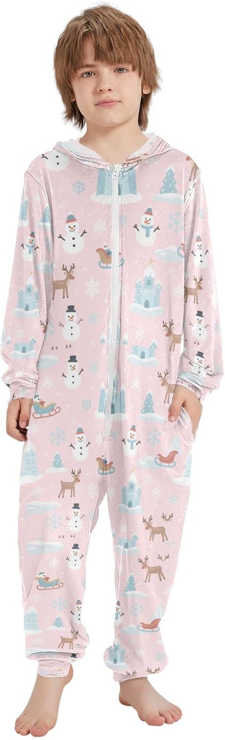 Winter Animal Deer Snowman Pink White Long Sleeve Sleepwear Holiday Pajamas Hooded One-Piecing Sleeper Loungewear