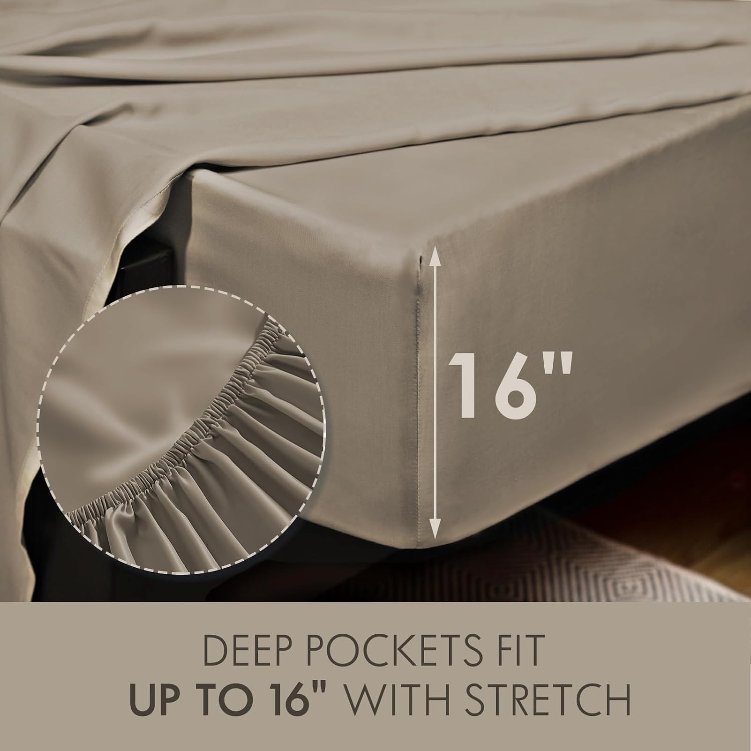 ClevaHome Sheets Queen Bed Sheet Set, 100% Rayon derived from Bamboo, Luxuriously Soft, Cooling, Double Stitching, 16" Deep Pockets Imported (Queen, Taupe) - Image 8