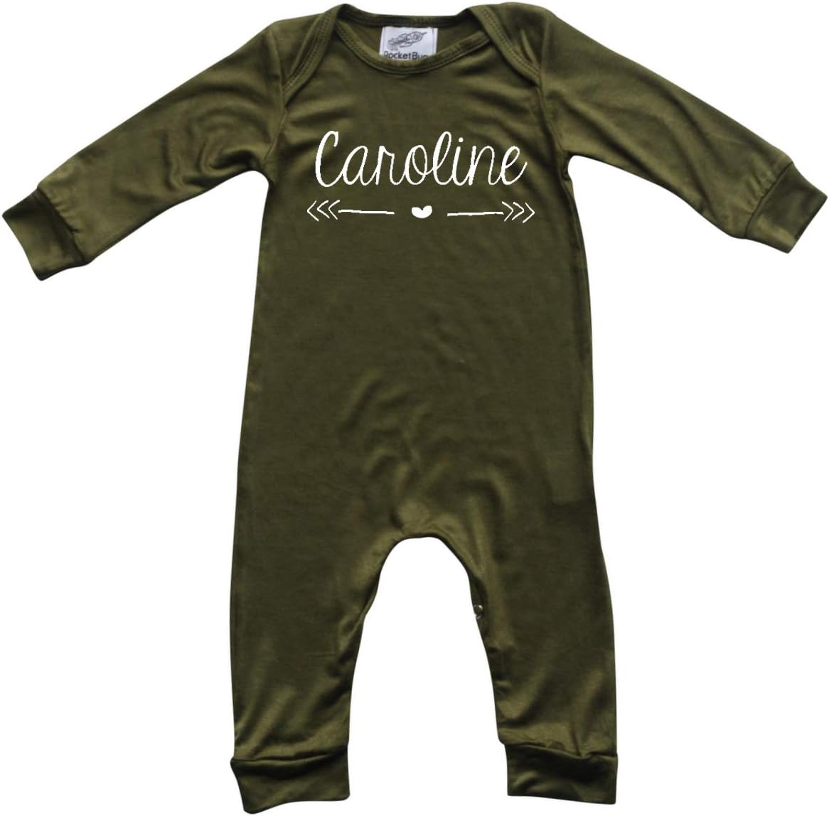 Rocket Bug Personalized Custom Silky Long Sleeve Baby Romper for Boys and Girls-Gender Neutral (Heart with Script Font)