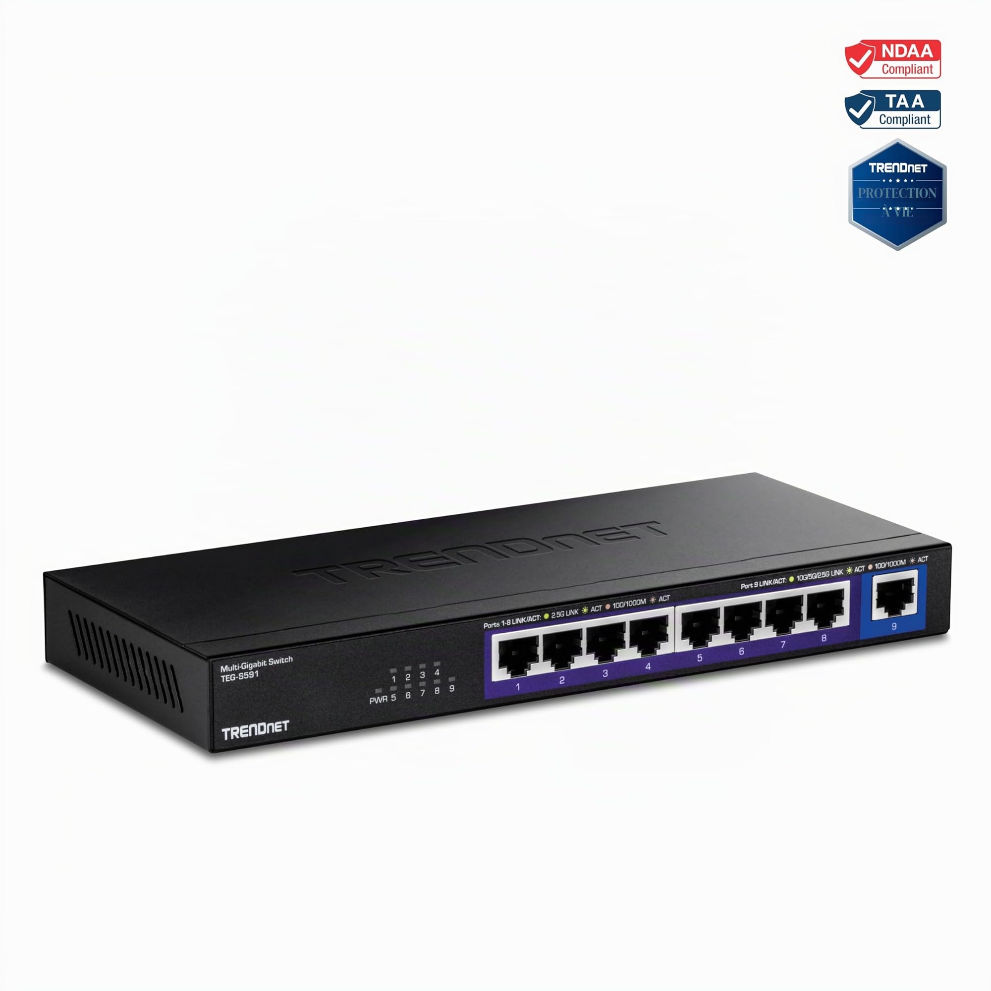 TRENDnet Commutateur multiprise 9 Ports, TEG-S591, 8 Ports RJ-45 2,5 G, 1 Port RJ-45 10G, capacité de Commutation 60 Gbit/s, Protection à Vie, Noir
