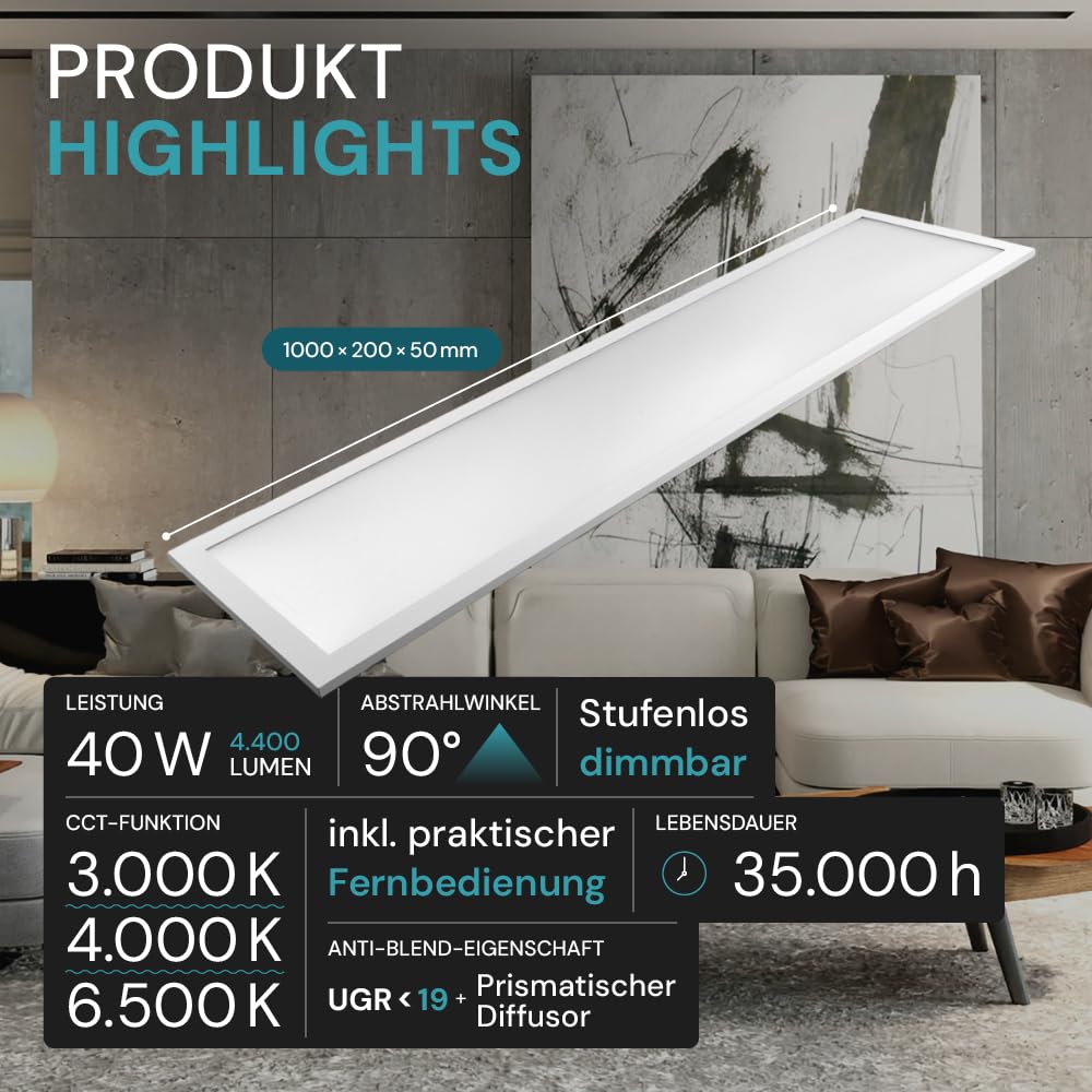 LUXULA 2er Pack LED Panel 100x25cm Weiß, 40W 4400lm, 3000-6500K dimmbar, Deckenlampe LED mit Fernbedienung, UGR<19 blendfrei, Deckenpanel dimmbar, Deckenleuchte flach, Deckenlampe lang