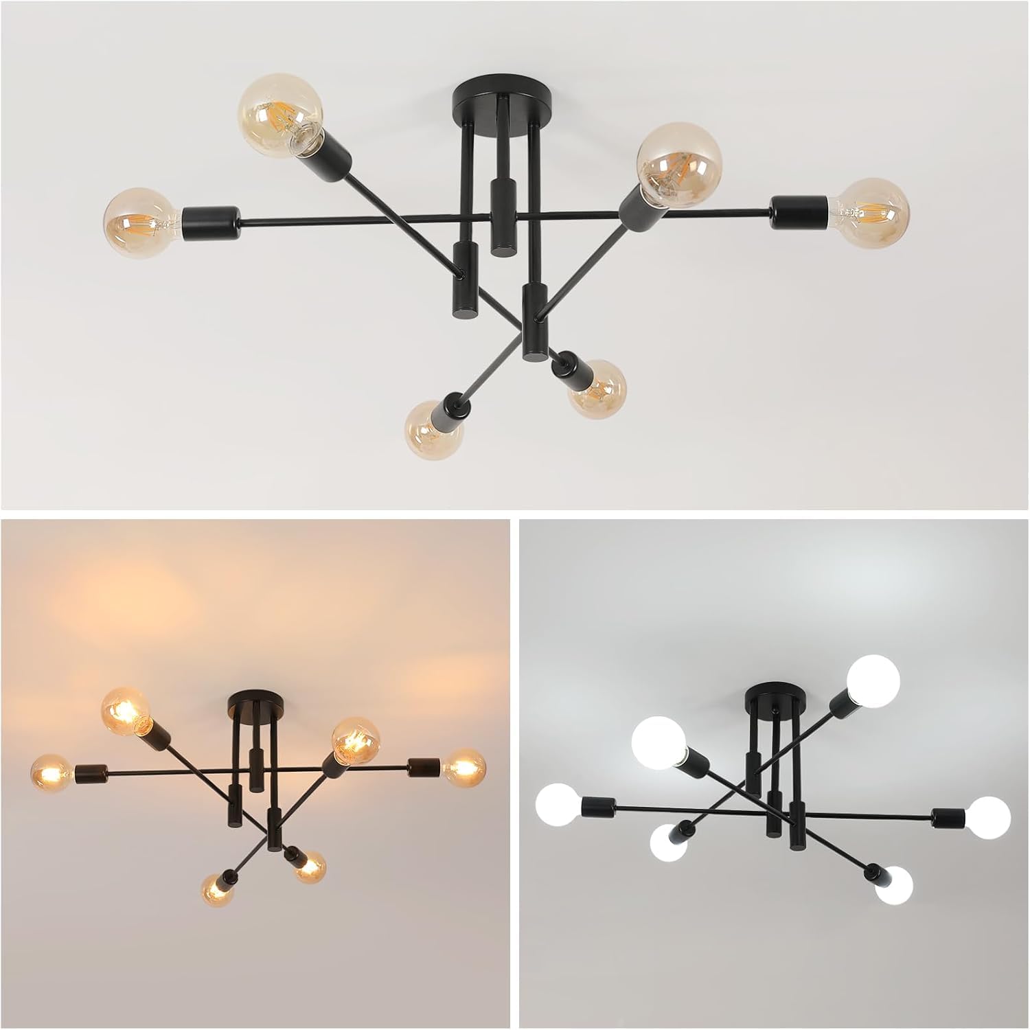 Comely Lamparas de Techo Industrial Vintage, 6 Luces Lámpara de Techo Salon, E27 Retro Plafon de Techo de Ángulo Ajustable 180° para Dormitorio, Cocina, Pasillo, Diámetro 72 cm, Negro