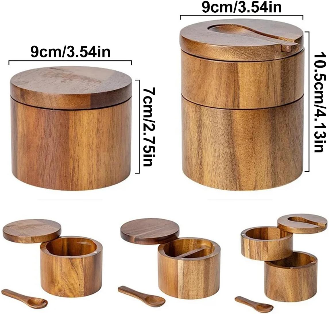 Queenbox 3.5x2.7in Wood 2 Grid Salt Pepper Cellar, Swivel Rotating Lid, Seasoning Storage Holder Spoon Box for Kitchen Spice Sugar