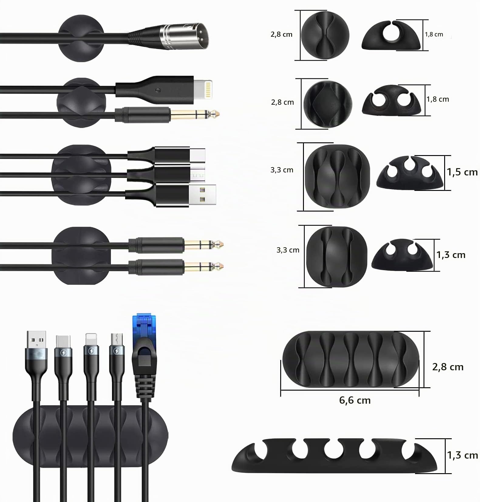 Moseem Kit de gestion de câbles 114 pièces, goulotte de câble de 2 m, 100 serre-câbles de fixation, 2 supports de câble en silicone et 10 clips de câble pour TV, ordinateur et bureau.