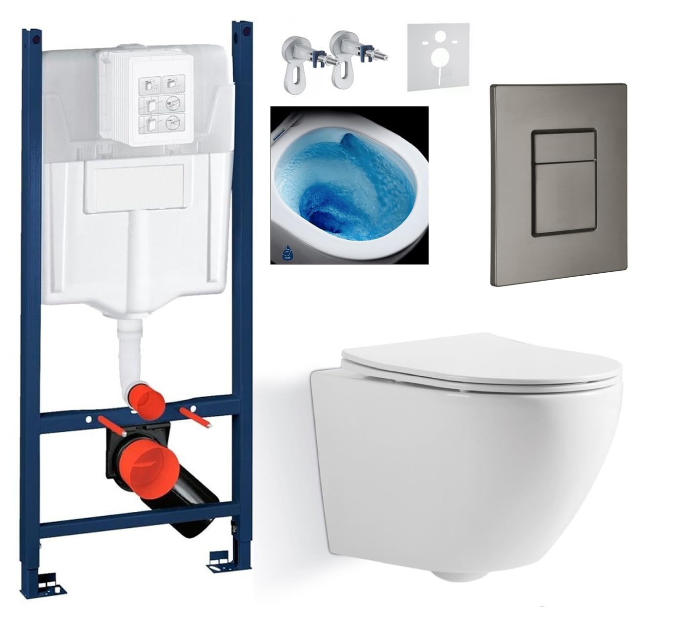 Kompletny zestaw Imprese 5w1 – stelaż podtynkowy + miska WC bezkołnierzowa BLATNA TWIST TORNADO + deska sedesowa wolnoopadająca Slim + grafitowy szczotkowany przycisk + mata + zestaw montażowy