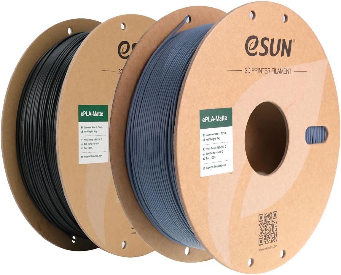 eSUN Matte PLA Filament, 3D Printing PLA Filament 1.75mm Dimensional Accuracy +/- 0.03mm, 2pcs-1kg per Spool for Most FDM 3D Printers,Black+Grey