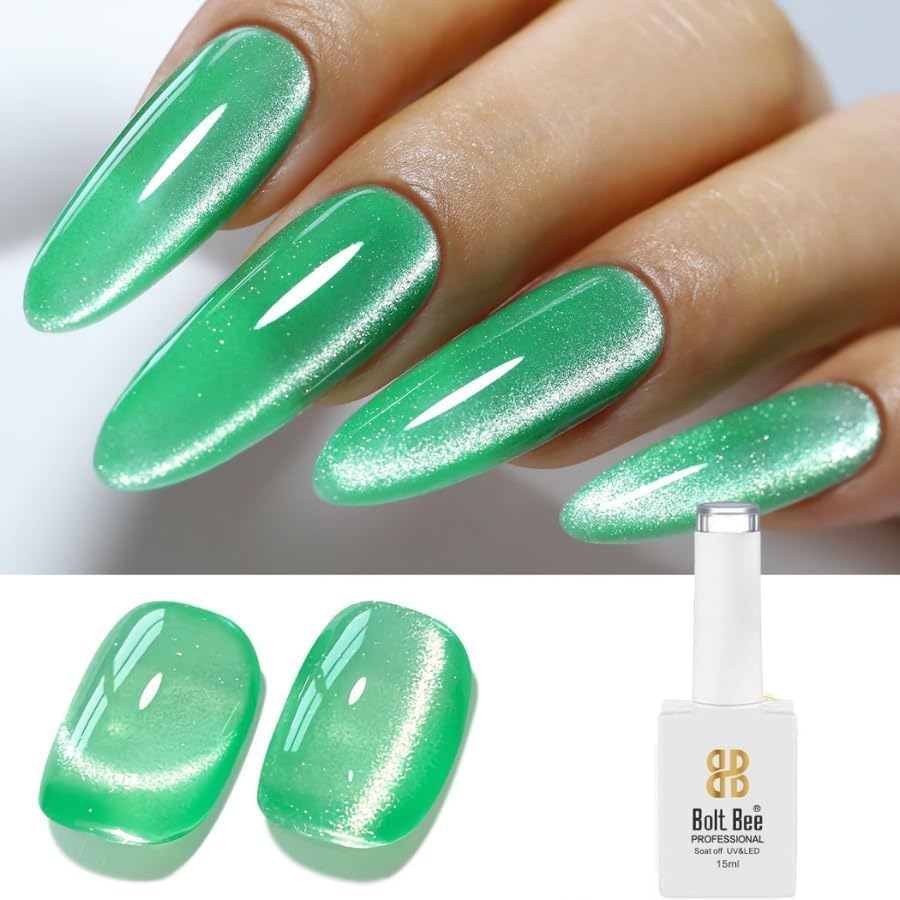 Bolt Bee Professional Cat Eye Gel Nail Polish Magnetic Cat Eye Effect, Soak Off UV & LED Gel, Long-Lasting Glitter Nail Polish for Salon & Home Use (Green, 9ml)