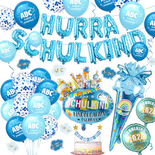 iZoeL Einschulung Deko Junge HURRA SCHULKIND Girlande + 2026 Folienballondeko + Zuckertüte Folienballon+ SCHULKIND Folienballon + 15 Luftballon + 14 Konfetti Schulanfang Deko Einschulungsdeko
