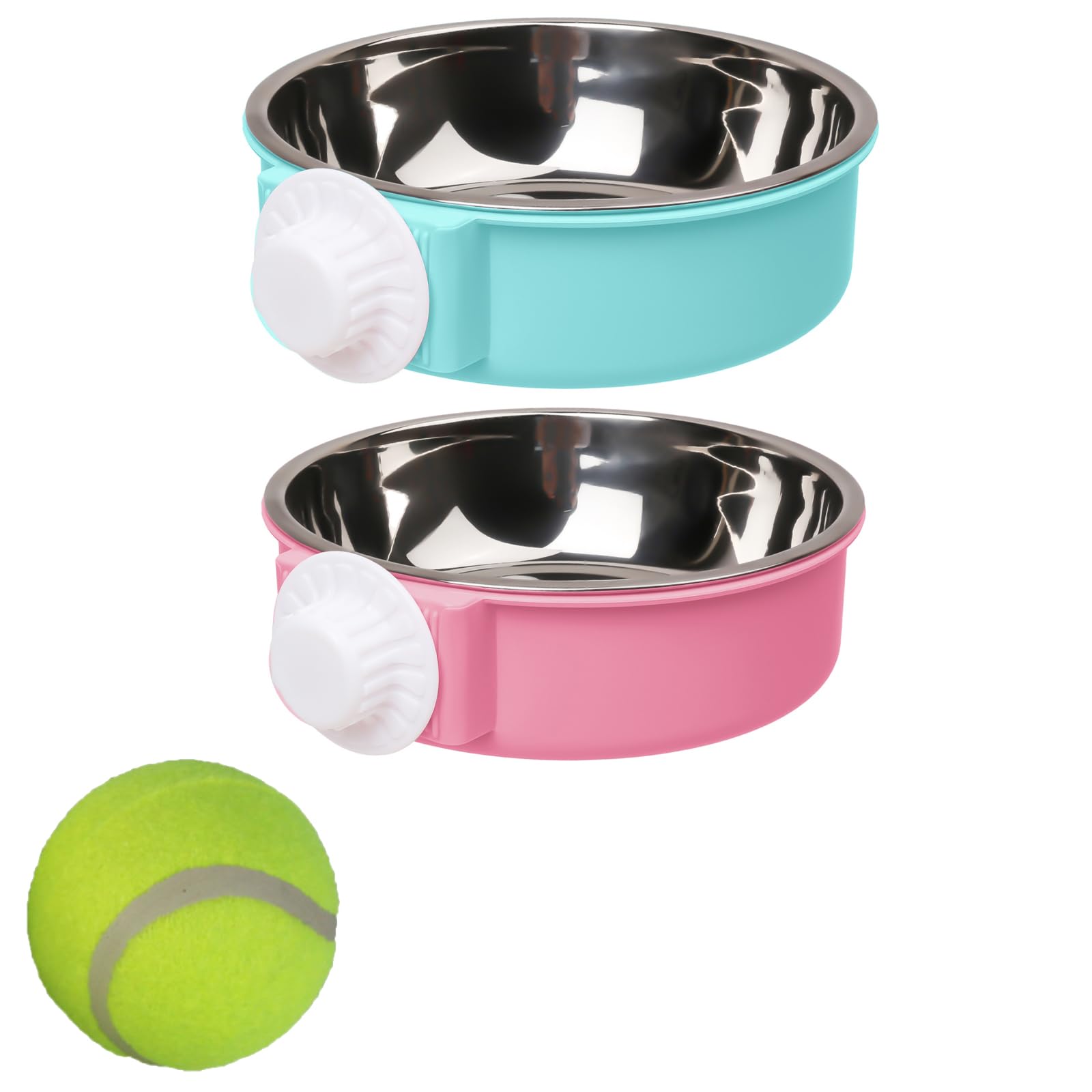 2 cuencos colgantes extraíbles 2 en 1 para jaula y jaula, cuencos de comida y agua para perros y gatos, 13 cm/600 ml, comedero ajustable para mascotas, 1 pelota de tenis