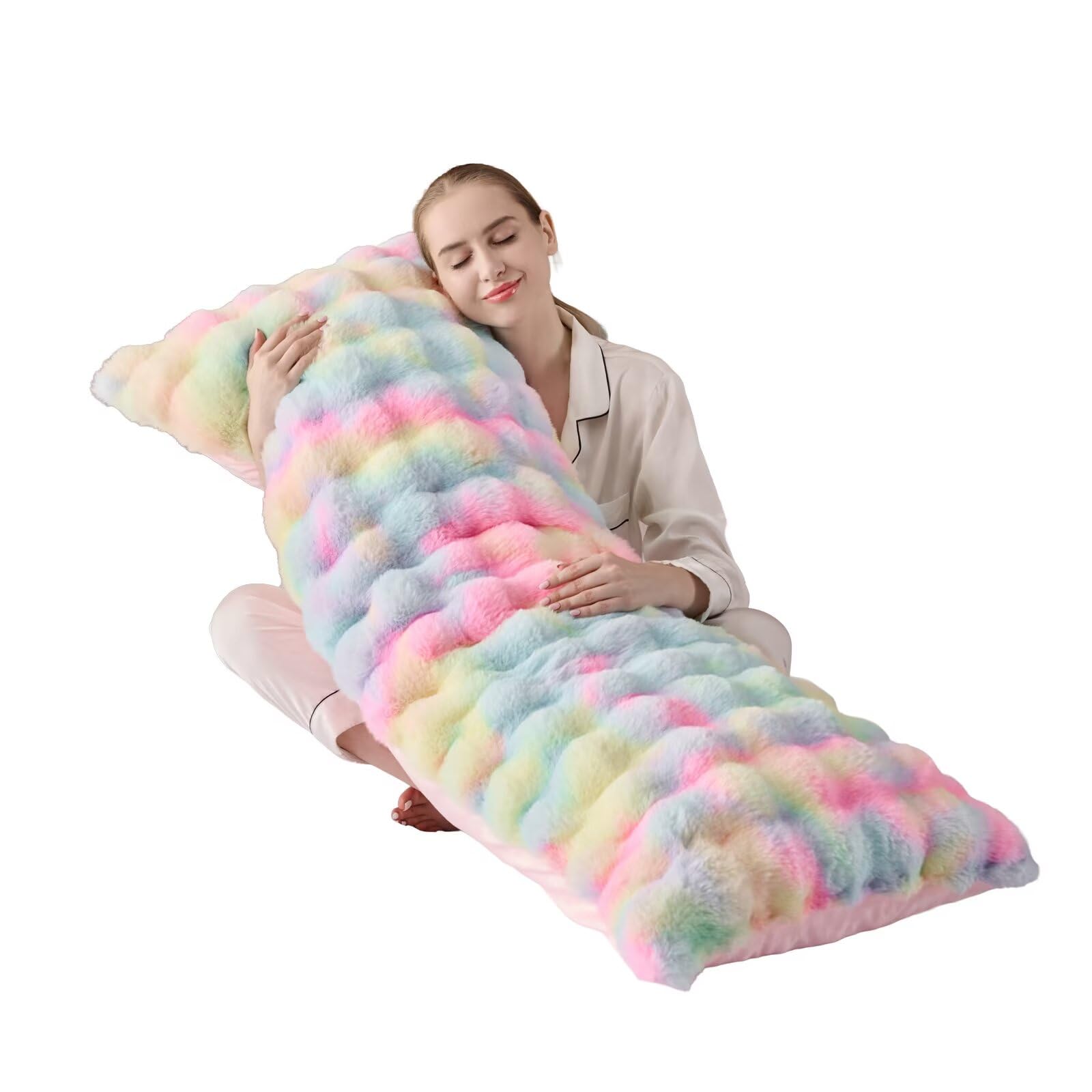 20"x54" Luxury Shaggy Faux Fur Body Pillow Cover, Bubble Fluffy Plush Bed Pillowcase with Zipper Closure, Soft Decorative Long Pillow Cover for Home Bedroom Pregnant Women Side Sleeper - Rainbow