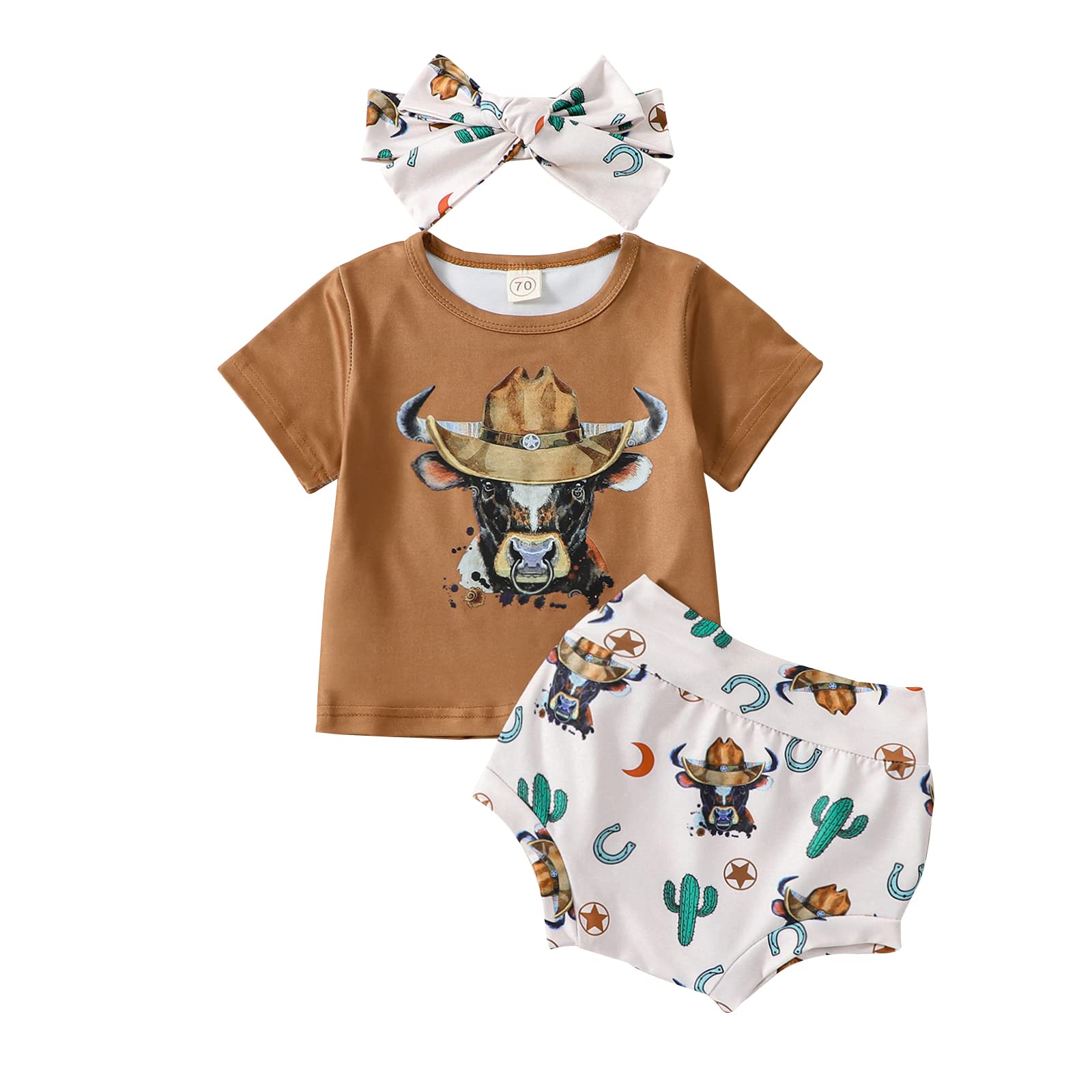 Newborn Baby Girl Clothes Set Short Sleeve Letter T-Shirt Top Bow Headband Pattern Shorts 3Pcs Summer Outfits