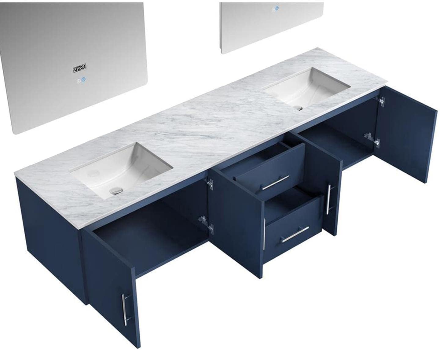 Geneva 80 in. W x 22 in. D Navy Blue Double Bath Vanity, Carrara Marble Top and 30 in. LED Mirrors