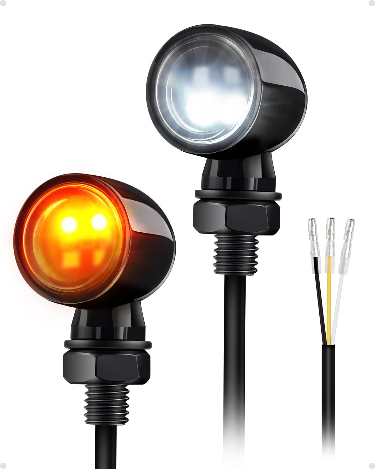 Bullet Mini LED Turn Signal Lights, 4LEDs Amber&amp; White Blinkers Turn Lights Fit for Honda Yamaha Suzuki Kawasaki Harley Chopper Bobber, 2PCS