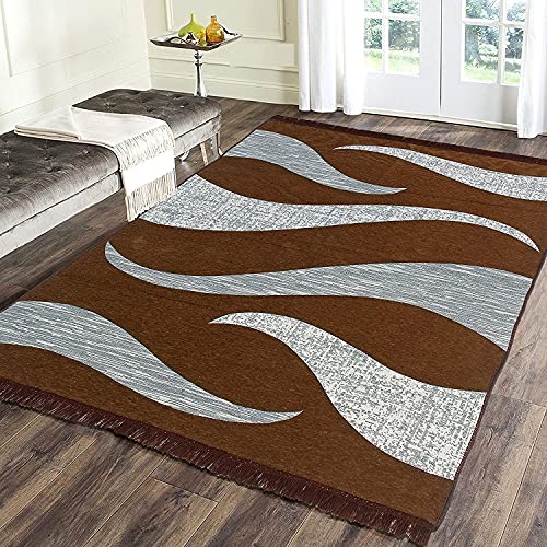 Image of Wave Design Rectangular Chenille Carpet, Mustard, 5X7 Feet | Sleek and Spacious, With Binding, Area Rug, 210 Cm x 152 Cm, For Living Room, Bedroom