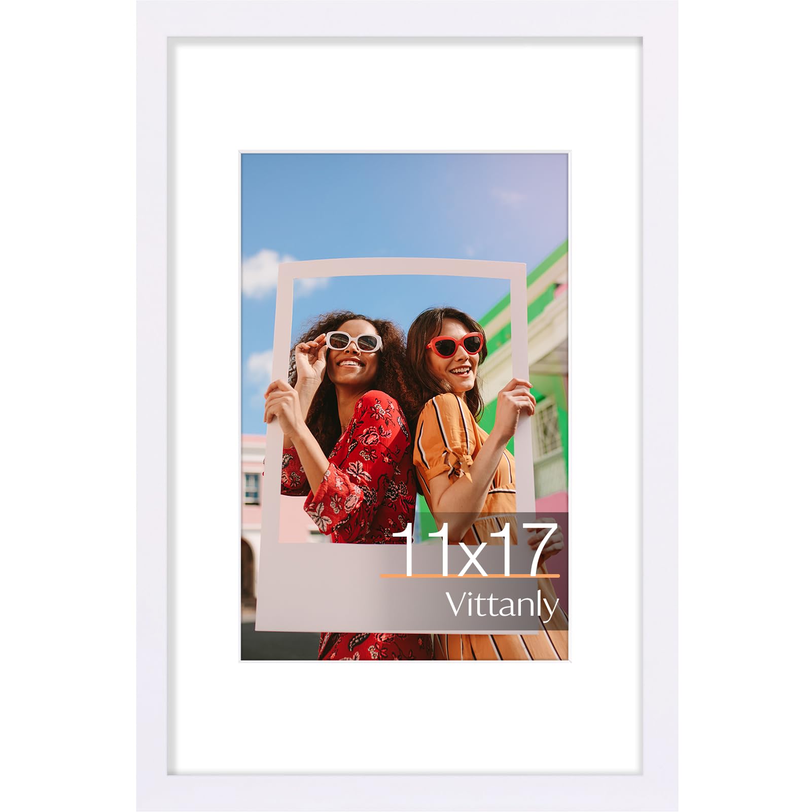 Vittanly 11x17 Picture Frame, Engineered Wood with Shatter Resistant Plexiglass, Display Pictures 8x12 with Mat or 11x17 without Mat, Photo Frame for Wall Mounting, White, 1 Pack โ image 1