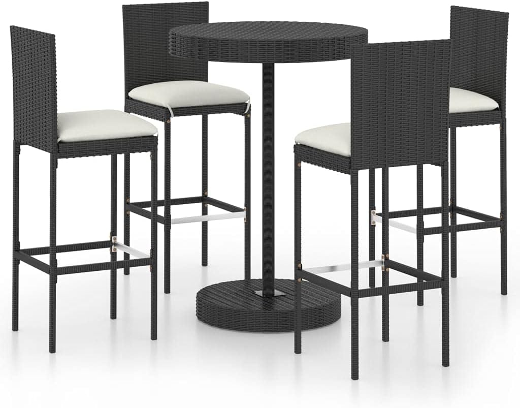 vidaXL Patio Bar Set with Cushions 5 Piece Garden Outdoor Bar Sets Dinner Bistro Dining Table Chair Stool Pub Furniture Seating Poly Rattan Black