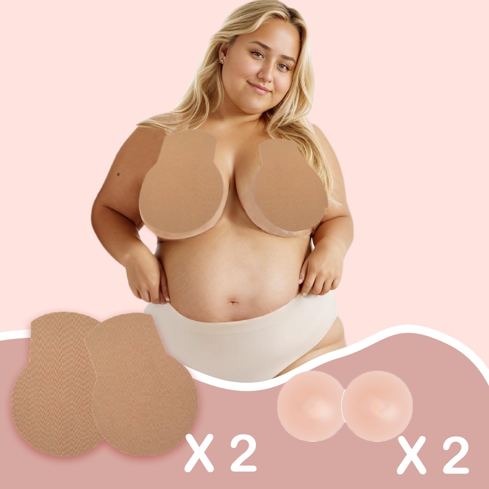 2 Paar Push-Up Brust Tape für Große Körbchen, Selbstklebend Rückenfrei Unsichtbar inkl. Nippelcover, Beige