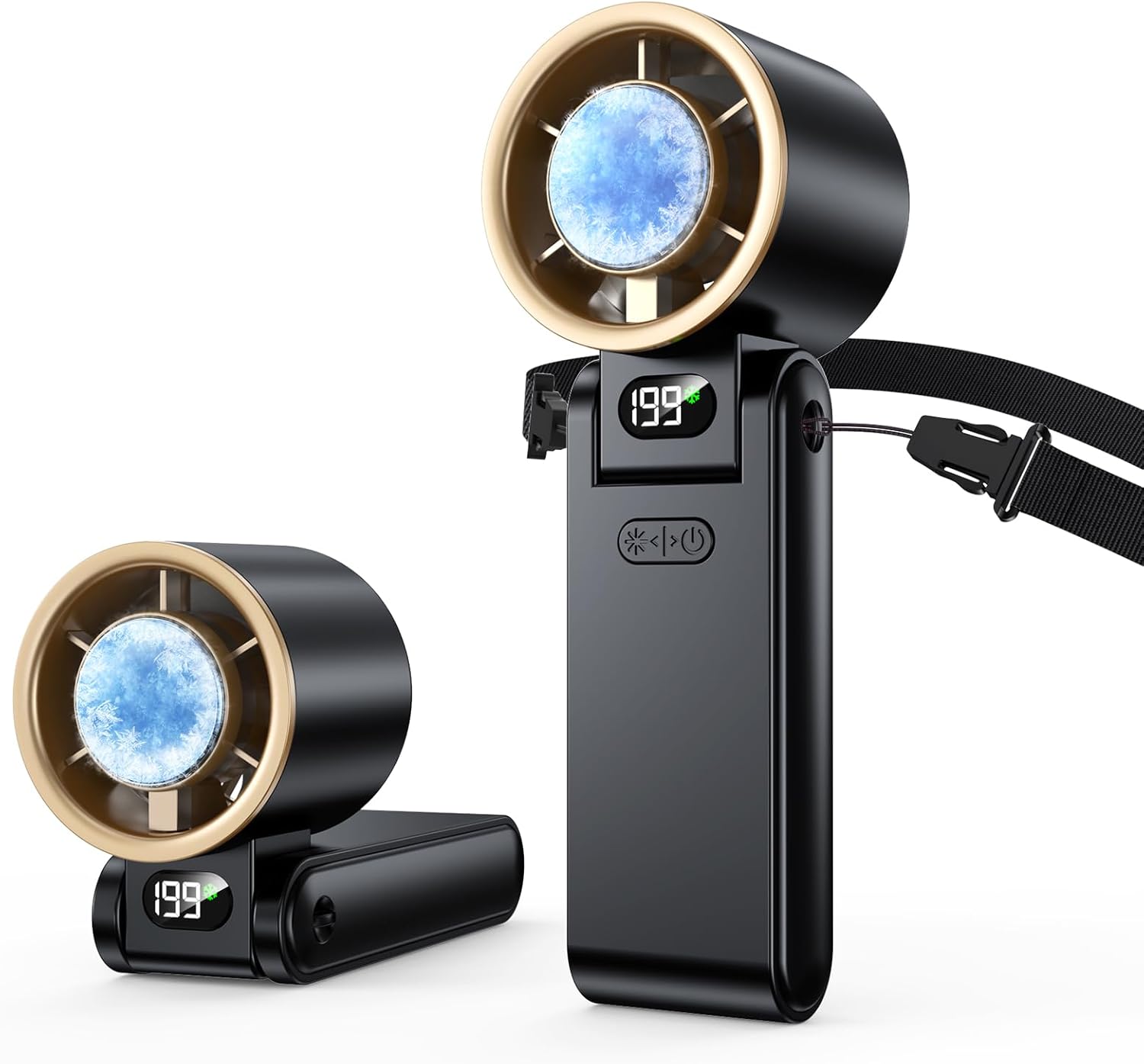 Portable Handheld Turbo Fan with Ice Cooler, 199 Speed Personal Fan,5500mAh Rechargeable,20H Cooling Time,20000 RPM Powerful Silent Motor, Summer Essential for Travel/Outdoor/Office, Black Gold