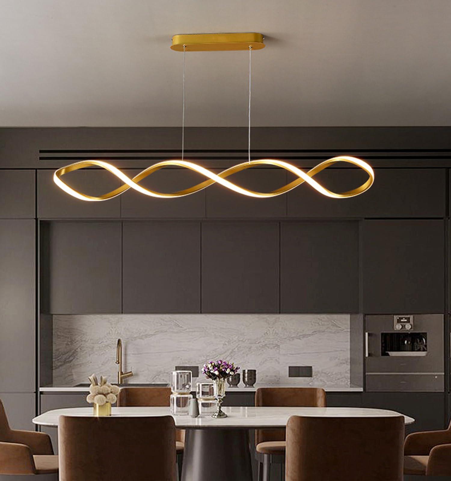 LED Pendant Lamp Dining Room, Linear Pendant Lamp Dimmable Dining Room Lamp with Remote Control, for Kitchen Dining Table Lamp Living Room Office Dining Corner Pendant Lamp (Gold, 120cm)